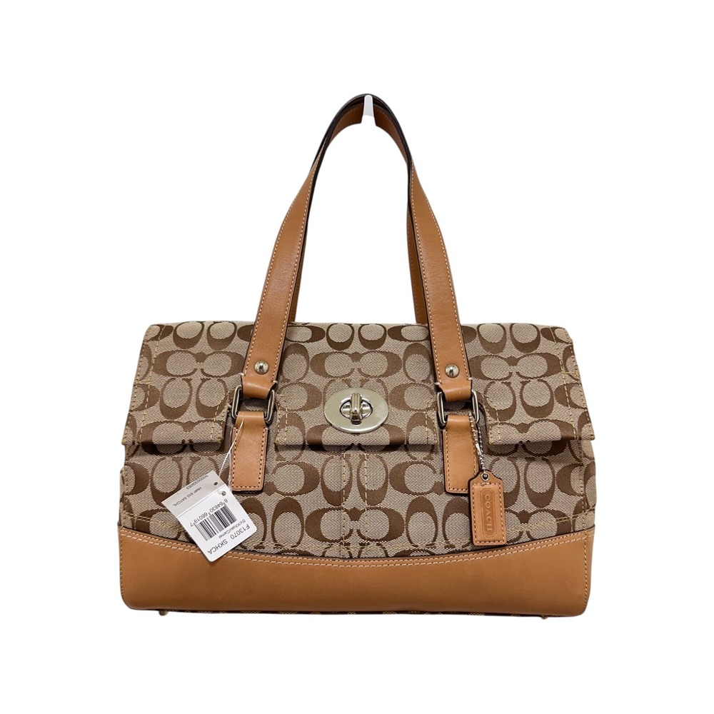 Coach Hamptons Signature Turnlock Tote Khaki Jacquard Vachetta Leather F13070
